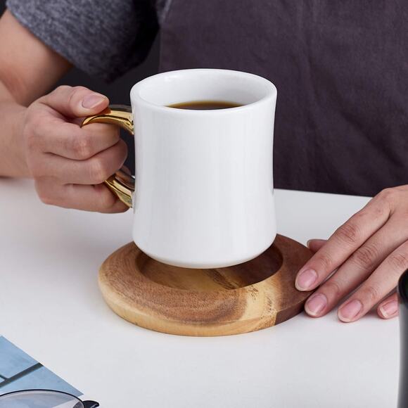 12 Oz Ceramic Tea Cup Coffee Cup Set with Wooden Saucer European Golden Hand Cup - Picture 2 of 10